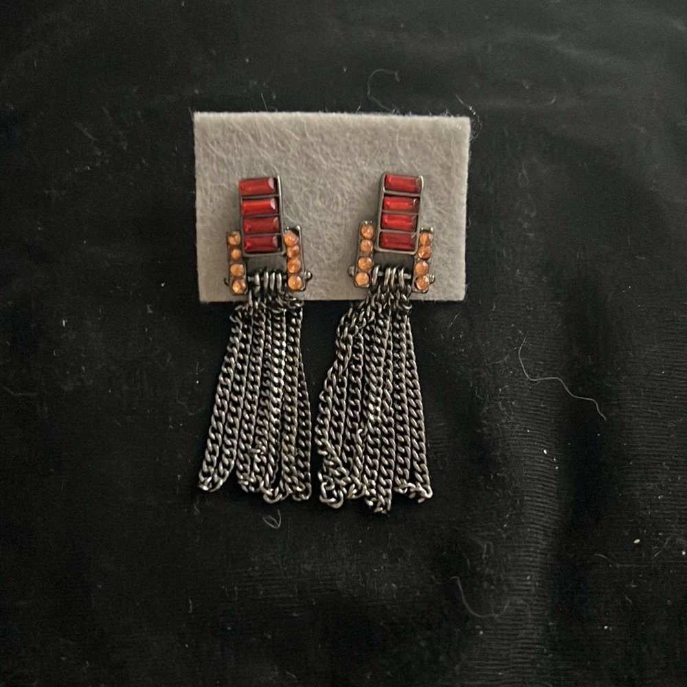 Jennifer Lopez Chain dangler wrap around earrings red and orange stones gunmetal